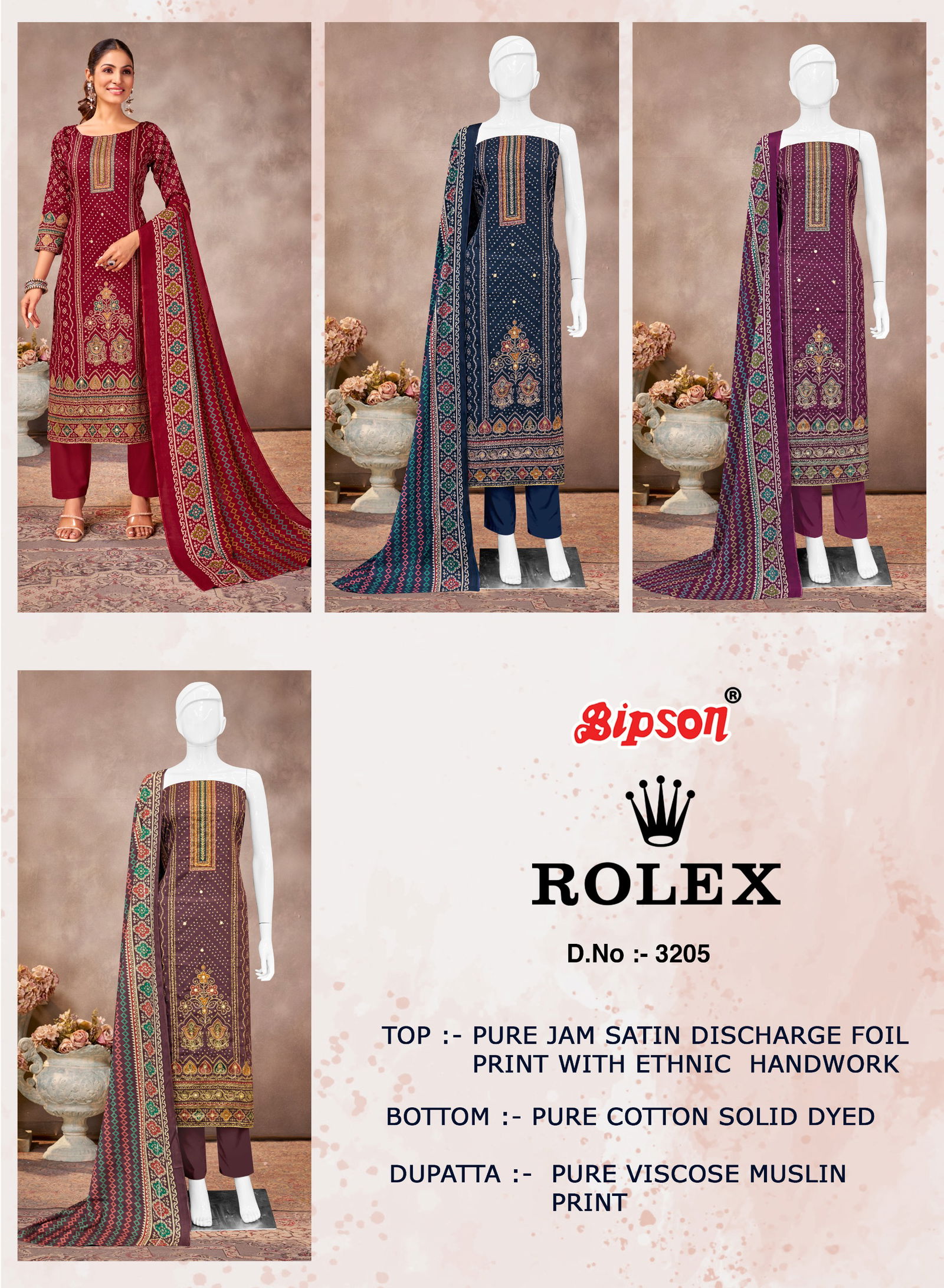 Rolex 3205 By Bipson Jam Satin Printed Dress Material Wholesale In India